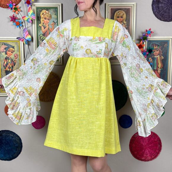 Vintage 1970s Yellow Novelty Print Angel Sleeve Babydoll Mini Dress - Picture 5 of 9